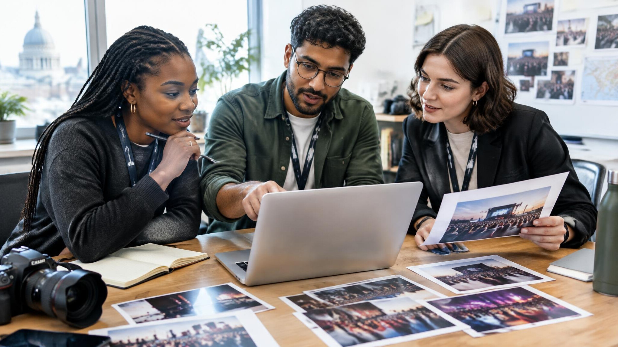Small media team reviewing photos on a laptop