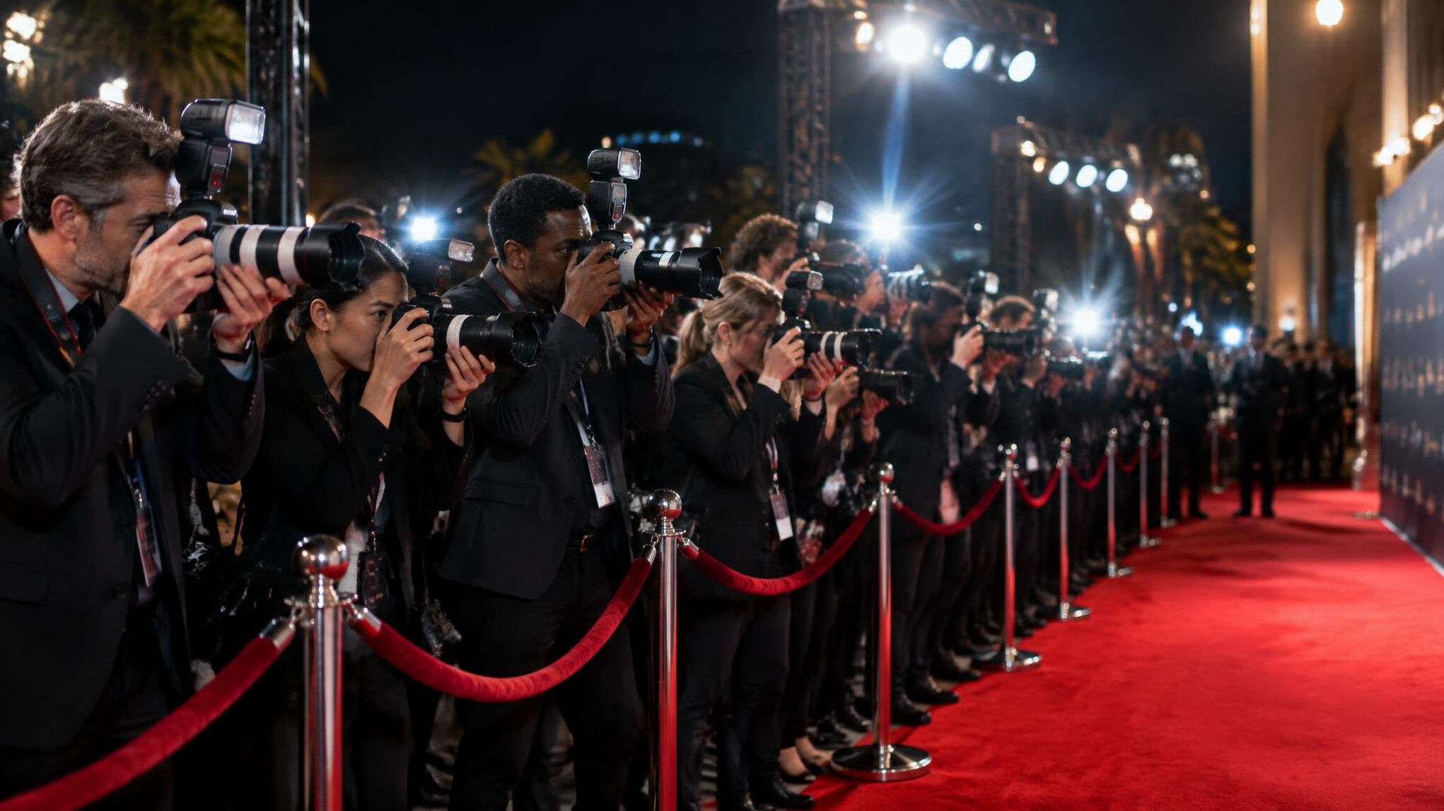 Photographers covering a red carpet event at night