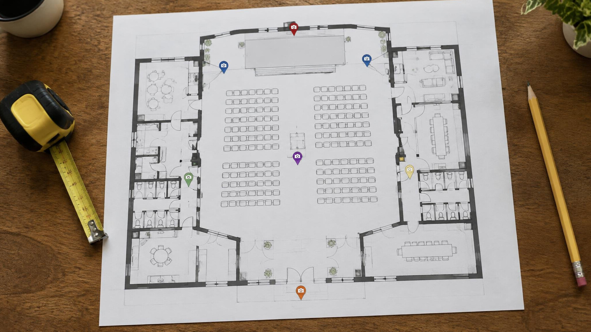 Venue floor plan with marked camera positions