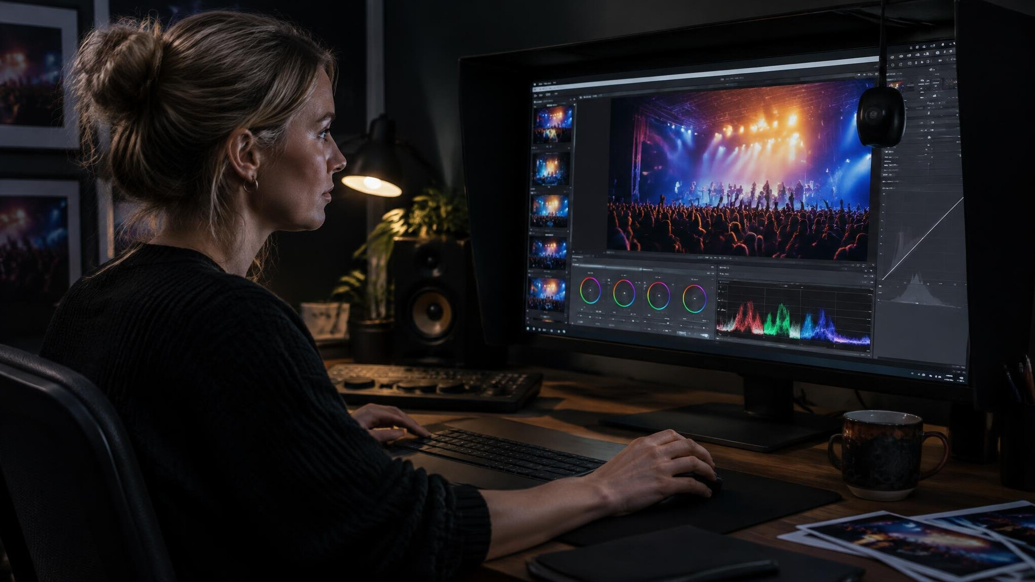 Editor colour grading photos on a monitor