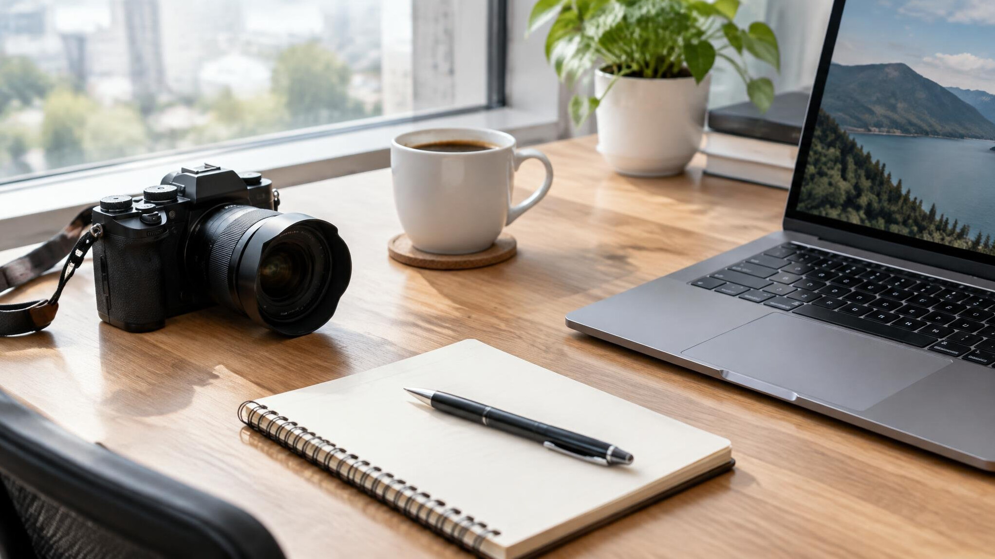 Office desk with a camera and notebook ready for contact