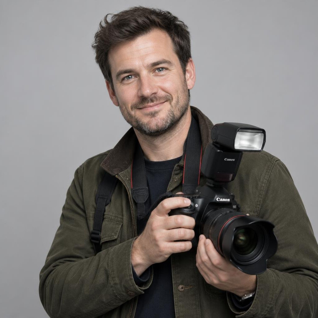 Male event photographer holding a camera