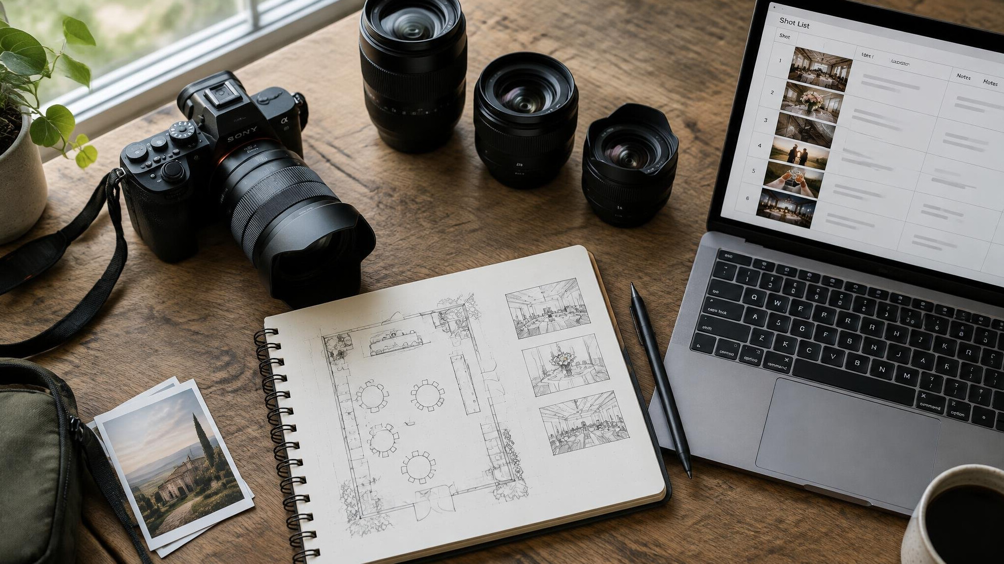 Camera gear and shot planning notes on a desk